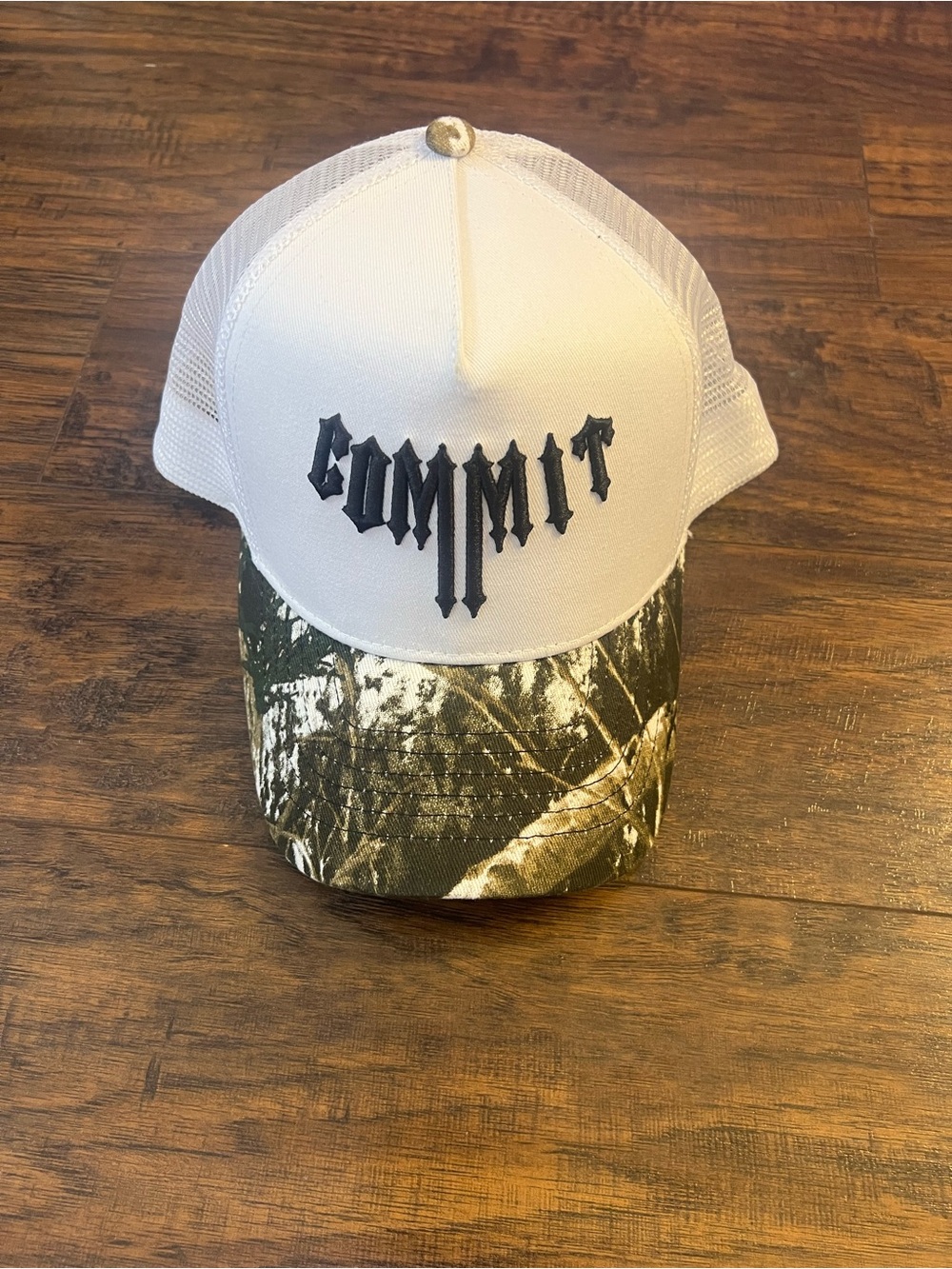 COMMIT White Mesh Trucker Hat with Camo Bill